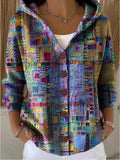 Damen-Strickjacke mit Kapuze, Knopfleiste und einzigartigen Mustern - 1 - Jasminaboutique.com