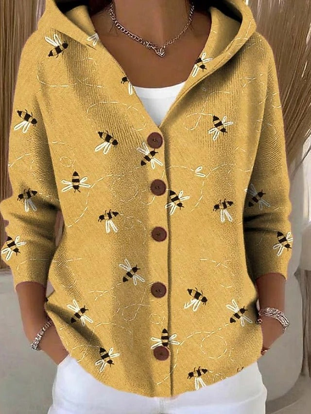 Damen-Strickjacke mit Kapuze, Knopfleiste und einzigartigen Mustern - 2 - Jasminaboutique.com