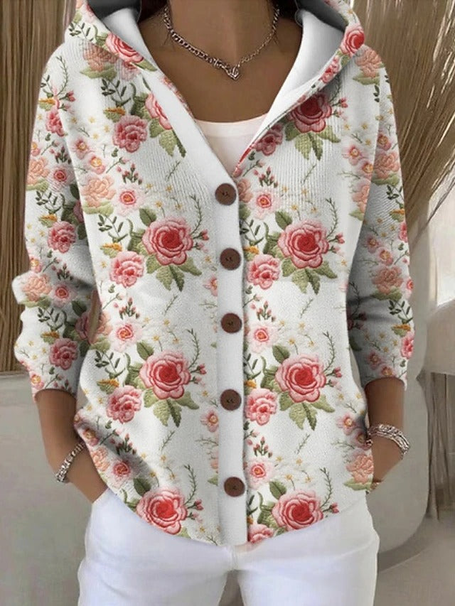 Damen-Strickjacke mit Kapuze, Knopfleiste und einzigartigen Mustern - 5 - Jasminaboutique.com