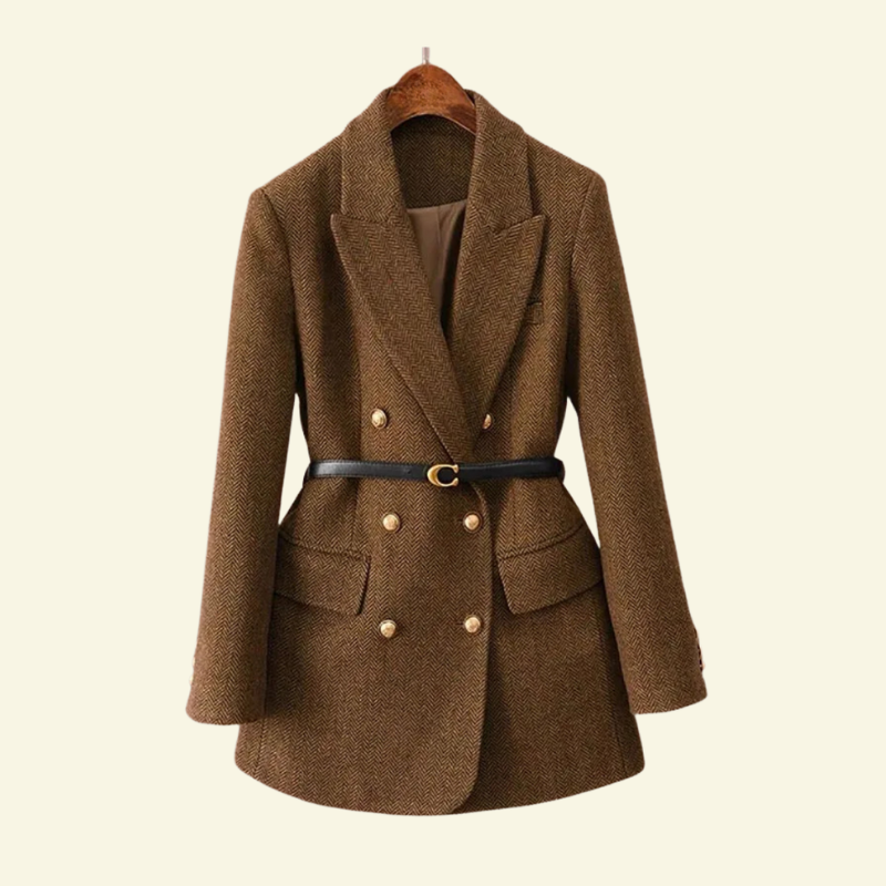 Doppelreihiger Tweed-Blazer für Damen mit Gürtel in der Taille - 1 - Jasminaboutique.com