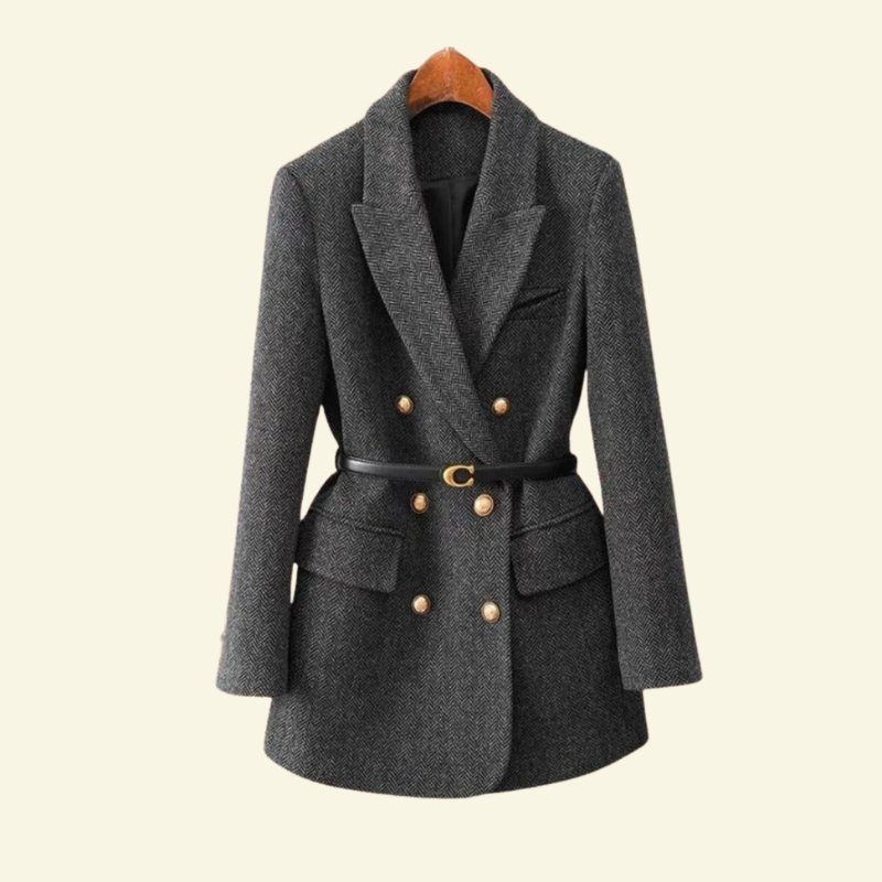 Doppelreihiger Tweed-Blazer für Damen mit Gürtel in der Taille - 2 - Jasminaboutique.com