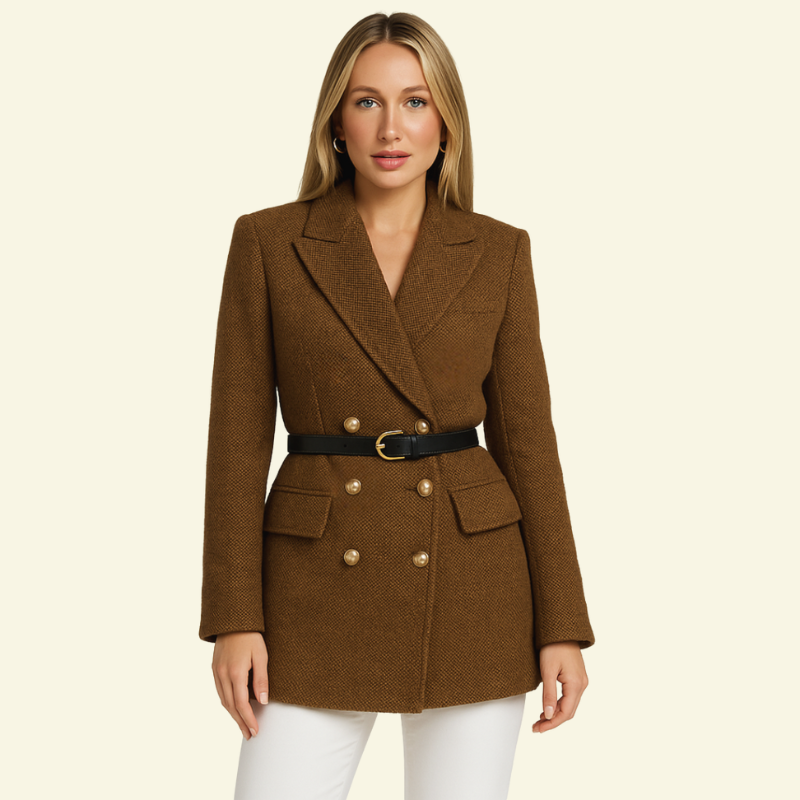 Doppelreihiger Tweed-Blazer für Damen mit Gürtel in der Taille - 3 - Jasminaboutique.com
