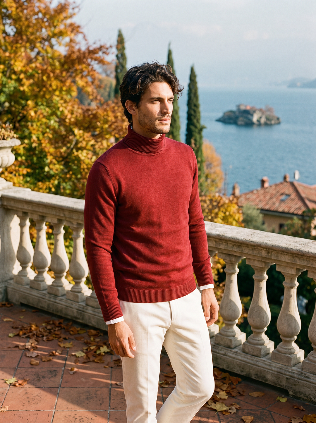 Herren-Rollkragenpullover in sattem Burgunderrot mit klassischer Passform - 1 - Jasminaboutique.com