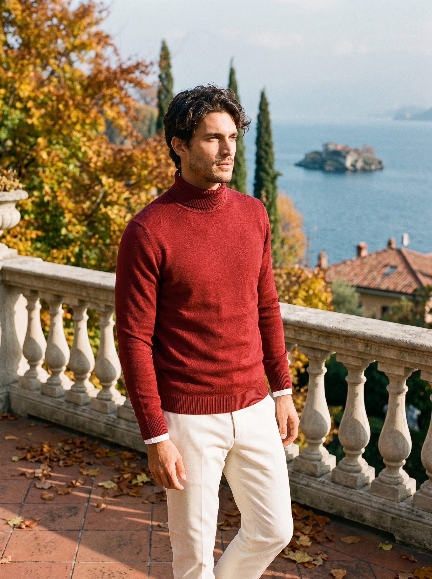 Herren-Rollkragenpullover in sattem Burgunderrot mit klassischer Passform - 1 - Jasminaboutique.com