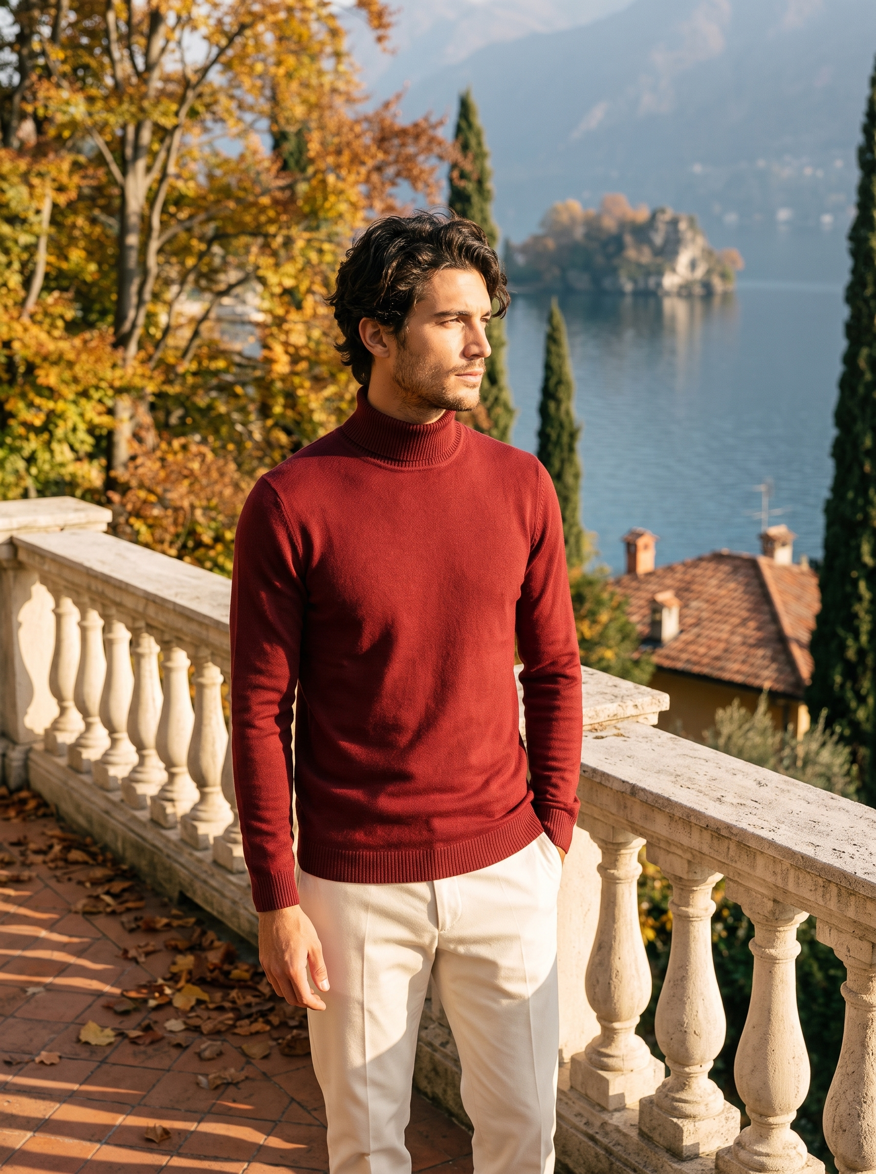 Herren-Rollkragenpullover in sattem Burgunderrot mit klassischer Passform - 2 - Jasminaboutique.com