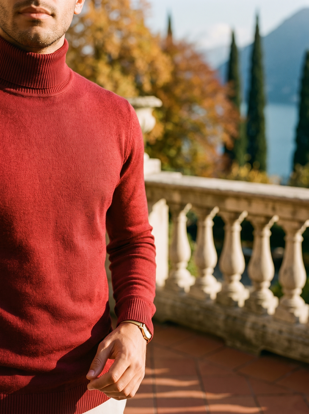 Herren-Rollkragenpullover in sattem Burgunderrot mit klassischer Passform - 4 - Jasminaboutique.com