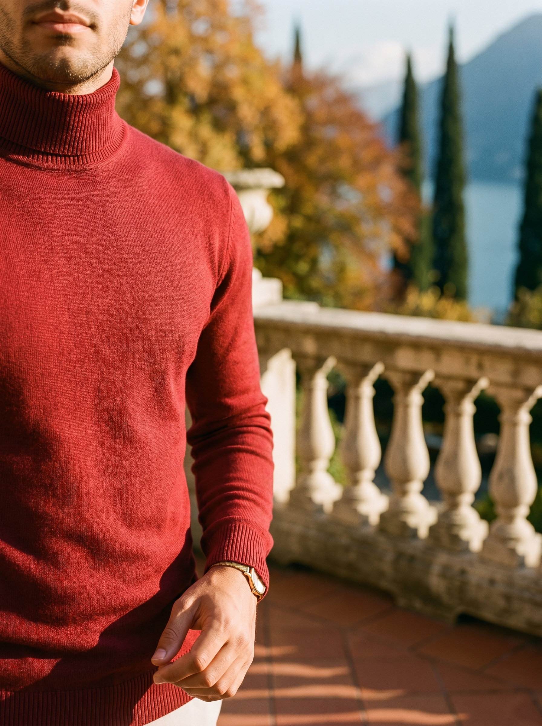Herren-Rollkragenpullover in sattem Burgunderrot mit klassischer Passform - 4 - Jasminaboutique.com
