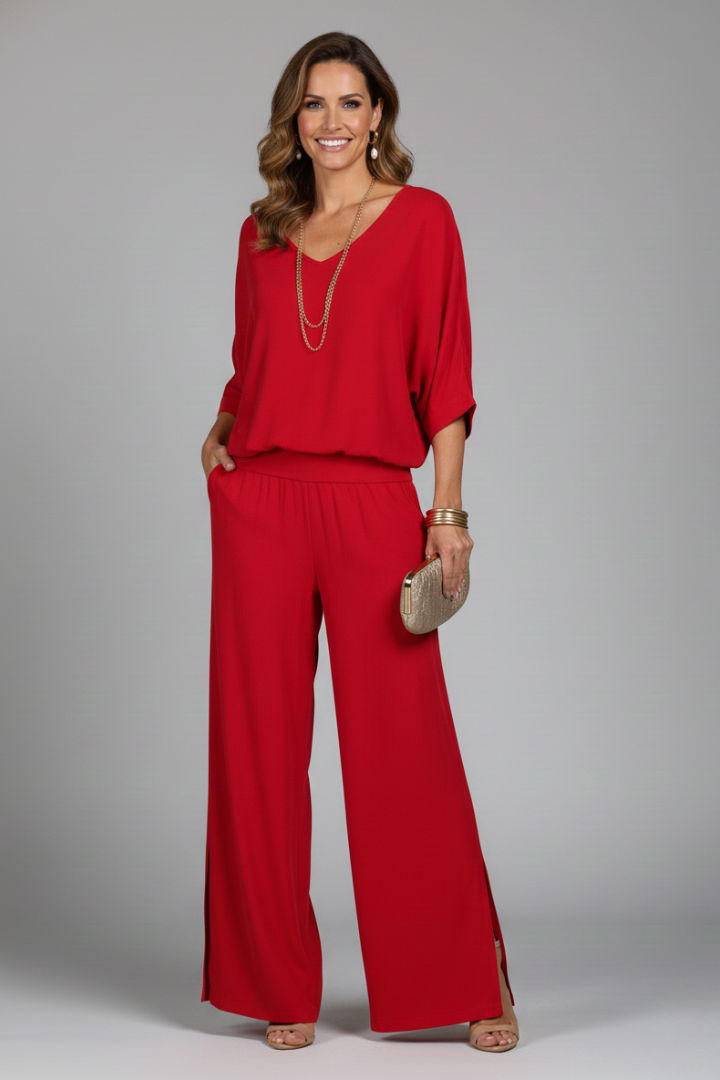 Zweiteiliges Set für Damen mit V-Ausschnitt und weit geschnittener Hose - 7 - Jasminaboutique.com