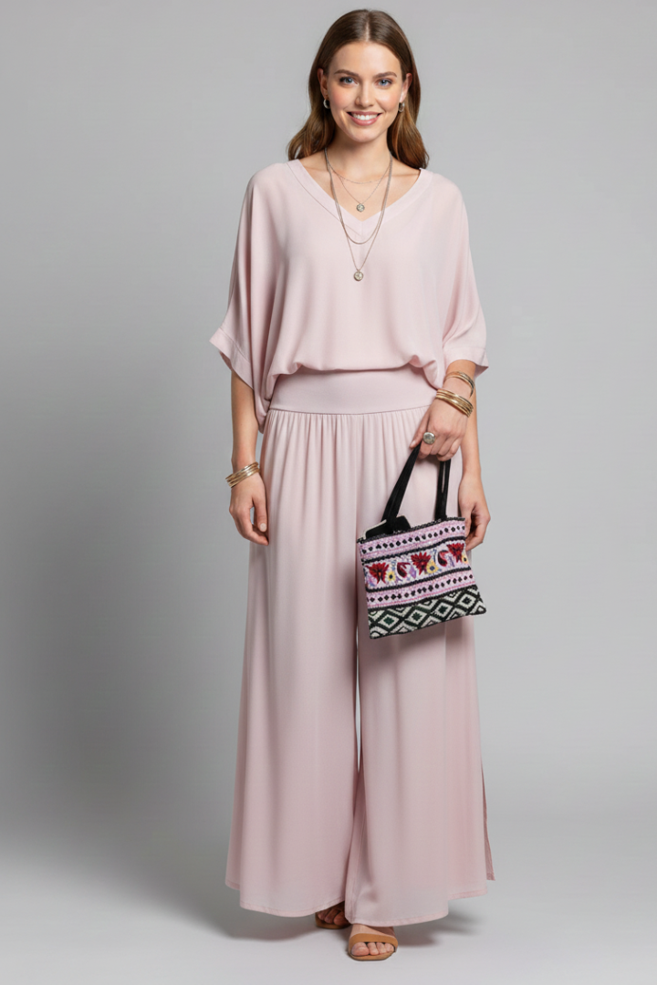 Zweiteiliges Set für Damen mit V-Ausschnitt und weit geschnittener Hose - 9 - Jasminaboutique.com