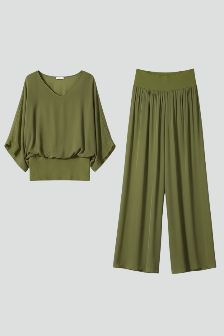 Zweiteiliges Set für Damen mit V-Ausschnitt und weit geschnittener Hose - 10 - Jasminaboutique.com