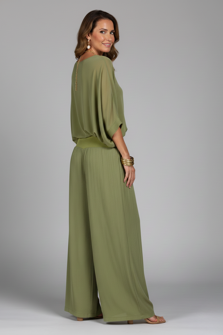 Zweiteiliges Set für Damen mit V-Ausschnitt und weit geschnittener Hose - 11 - Jasminaboutique.com