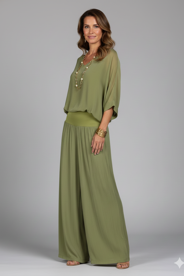 Zweiteiliges Set für Damen mit V-Ausschnitt und weit geschnittener Hose - 12 - Jasminaboutique.com