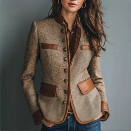 Tweedjacke für Damen – Taillierte Passform mit Kunstleder-Akzenten - 1 - Jasminaboutique.com