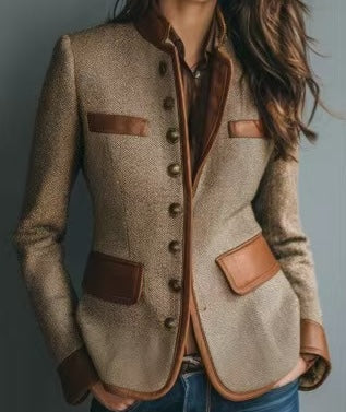 Tweedjacke für Damen – Taillierte Passform mit Kunstleder-Akzenten - 2 - Jasminaboutique.com