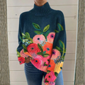 Damenpullover mit lockerem Schnitt, Rollkragen und Blumenmuster - 1 - Jasminaboutique.com