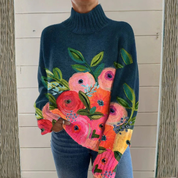 Damenpullover mit lockerem Schnitt, Rollkragen und Blumenmuster - 1 - Jasminaboutique.com