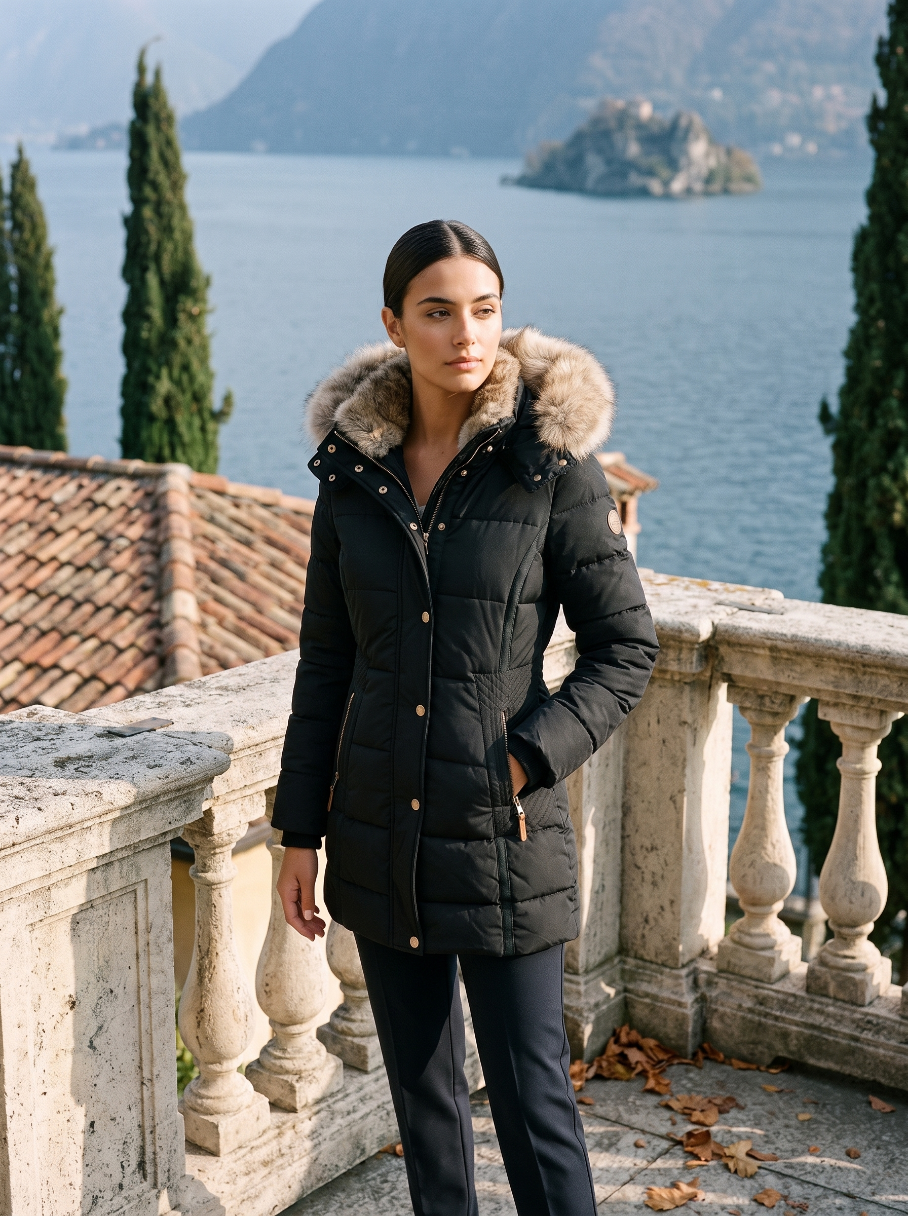 Damen-Steppjacke mit abnehmbarer Pelzkapuze und taillierter Passform - 2 - Jasminaboutique.com