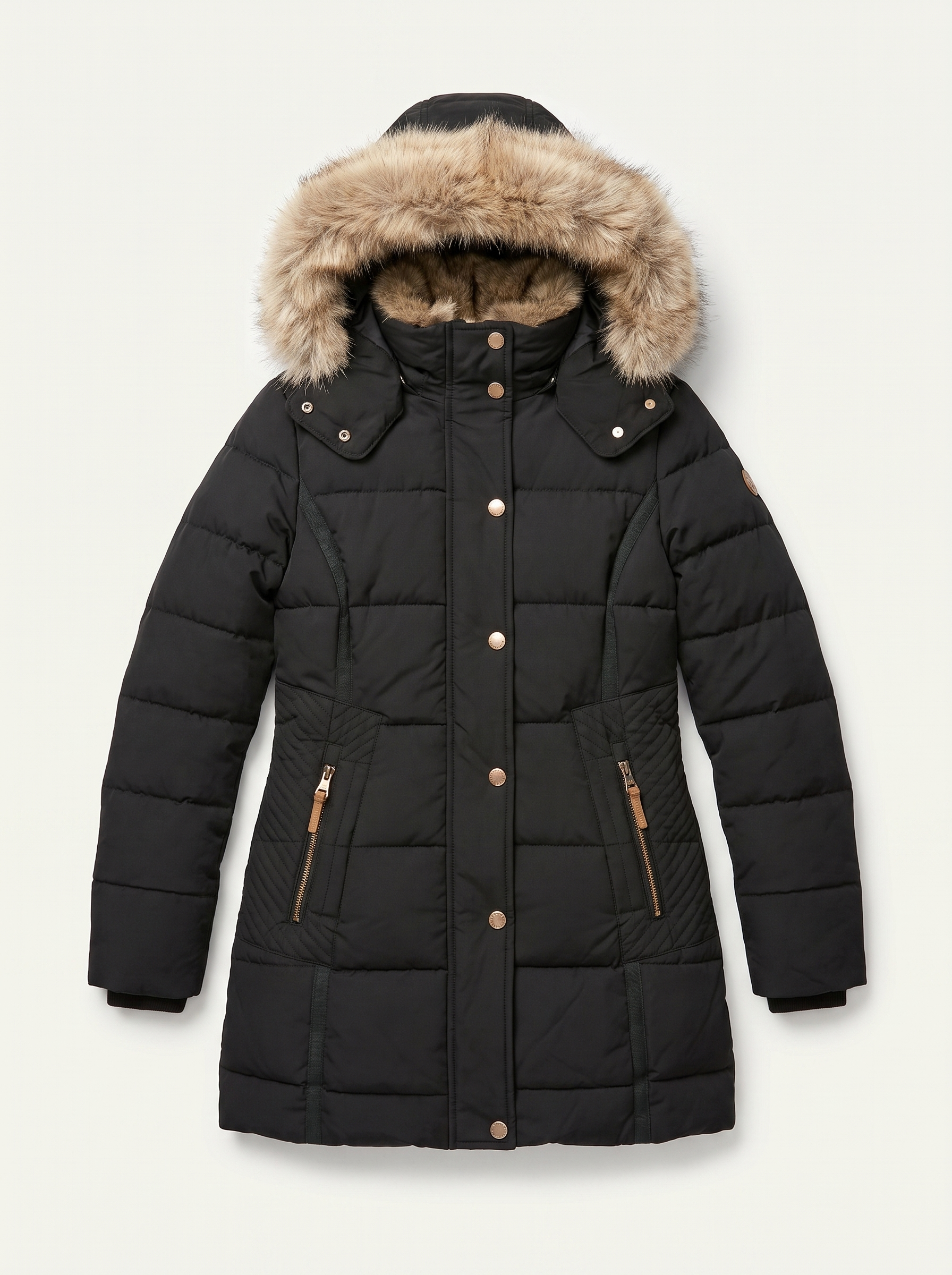 Damen-Steppjacke mit abnehmbarer Pelzkapuze und taillierter Passform - 5 - Jasminaboutique.com