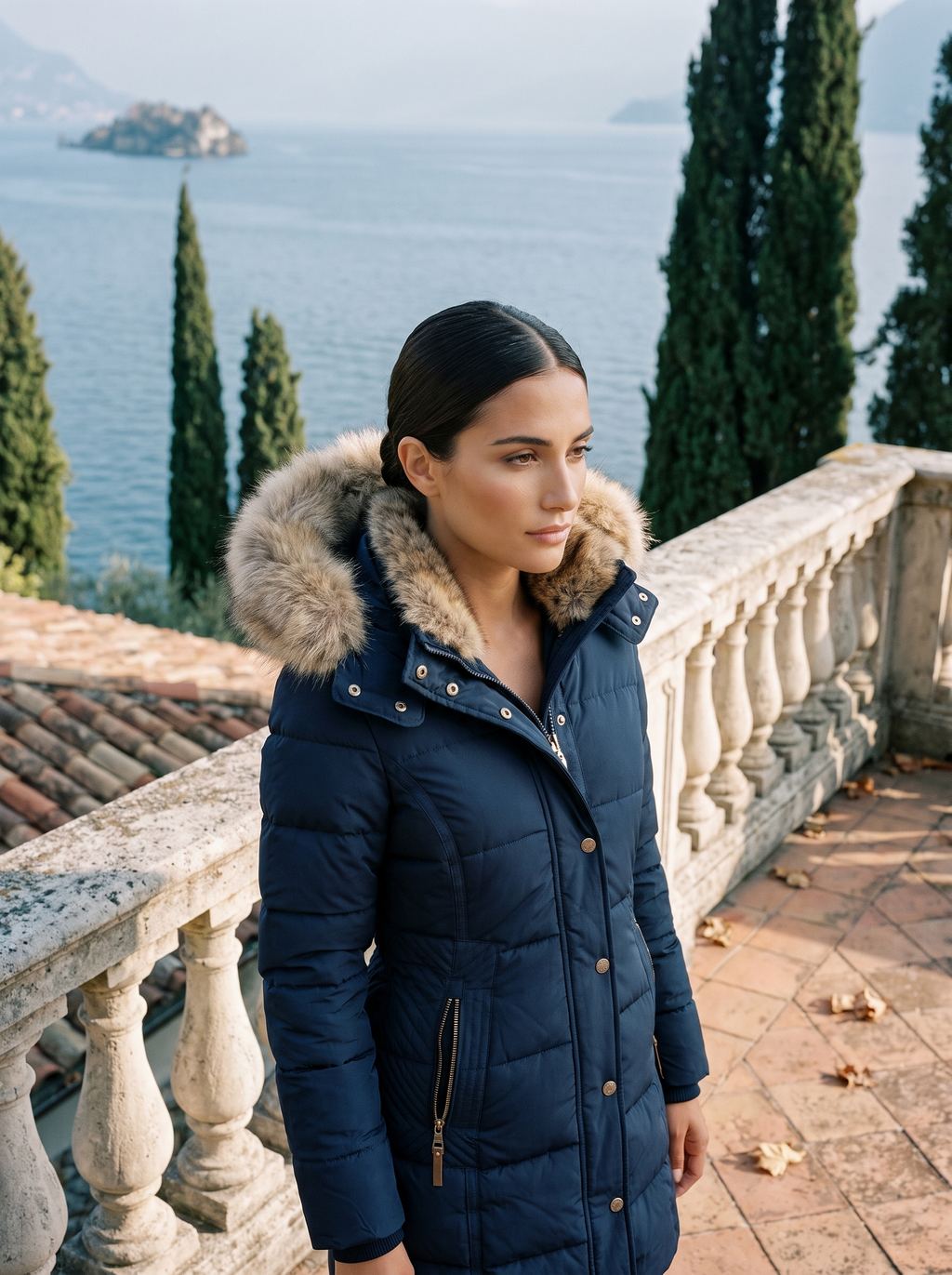 Damen-Steppjacke mit abnehmbarer Pelzkapuze und taillierter Passform - 6 - Jasminaboutique.com