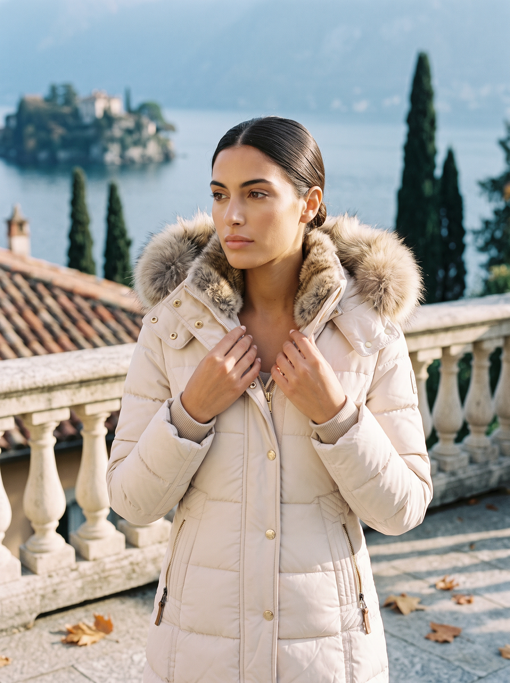 Damen-Steppjacke mit abnehmbarer Pelzkapuze und taillierter Passform - 9 - Jasminaboutique.com