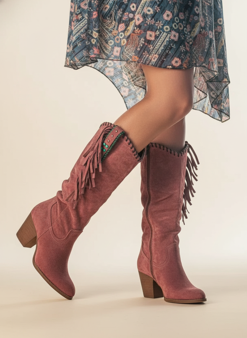 Wadenhohe Stiefel für Damen mit Blockabsatz und Fransenverzierung - 1 - Jasminaboutique.com