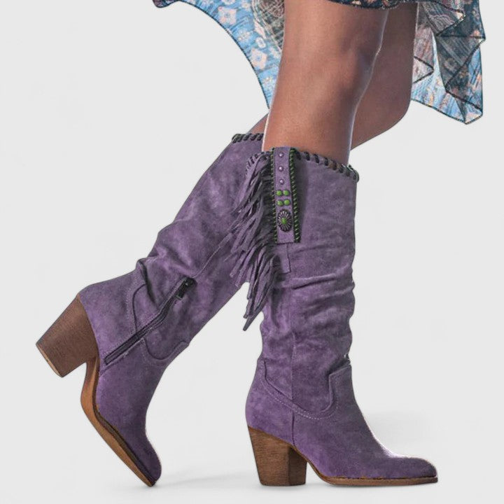 Wadenhohe Stiefel für Damen mit Blockabsatz und Fransenverzierung - 2 - Jasminaboutique.com