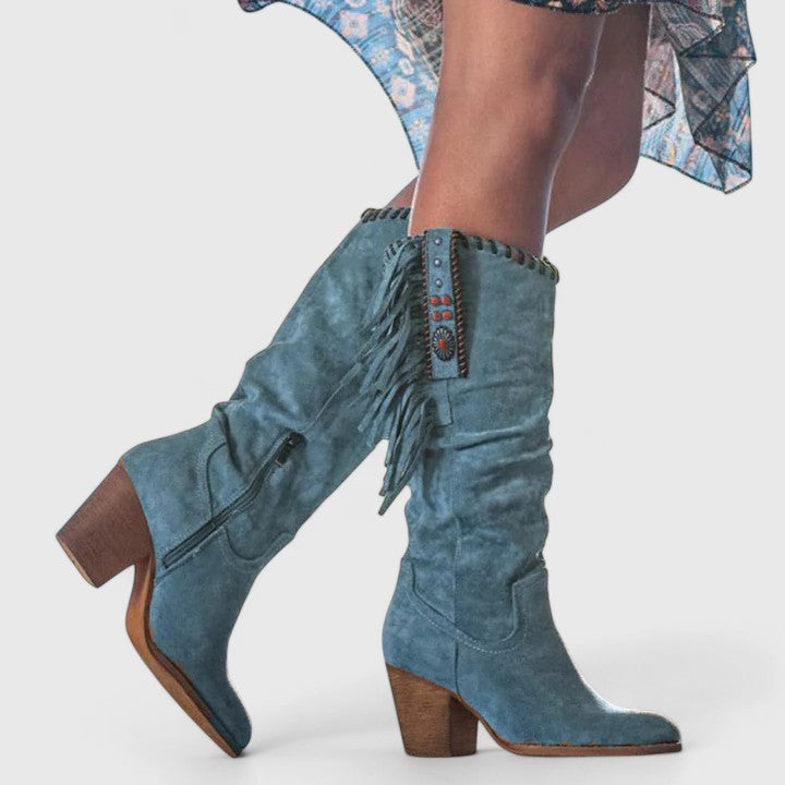Wadenhohe Stiefel für Damen mit Blockabsatz und Fransenverzierung - 3 - Jasminaboutique.com