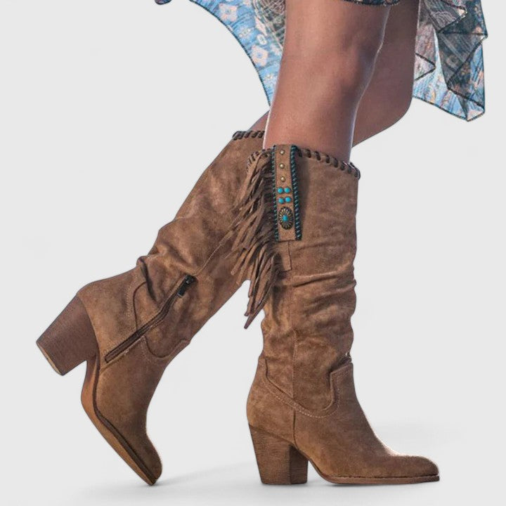 Wadenhohe Stiefel für Damen mit Blockabsatz und Fransenverzierung - 4 - Jasminaboutique.com