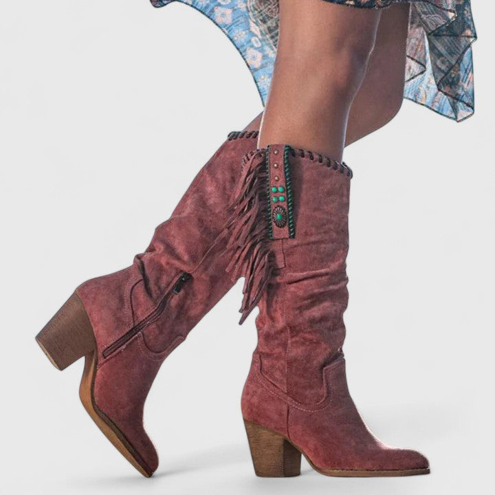 Wadenhohe Stiefel für Damen mit Blockabsatz und Fransenverzierung - 5 - Jasminaboutique.com