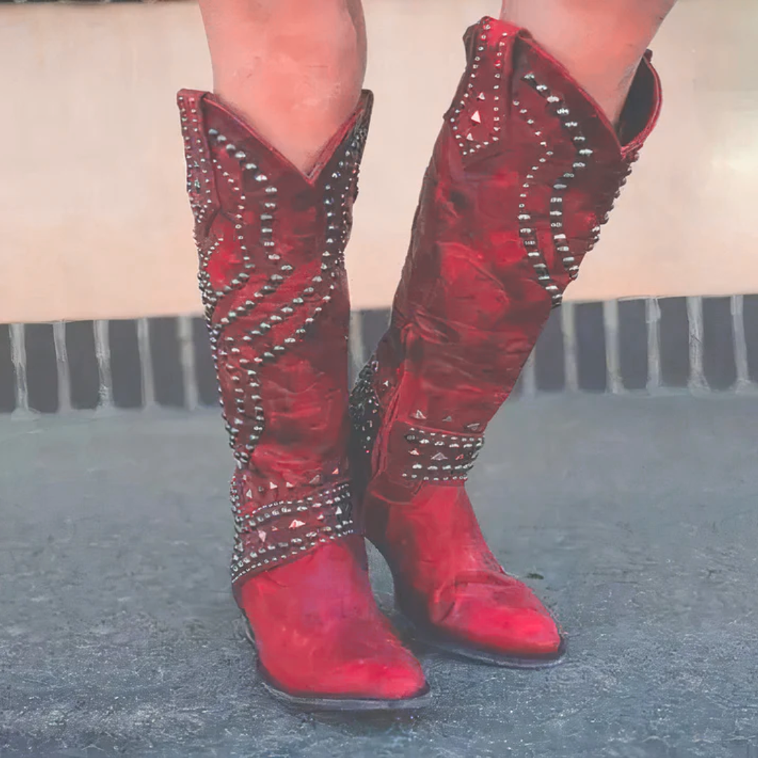 Kniehohe Damenstiefel mit spitzer Zehenpartie und mittelhohem Blockabsatz - 4 - Jasminaboutique.com