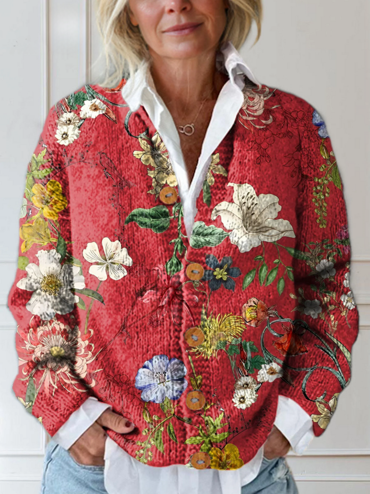 Blumenmuster-Strickjacke für Damen mit lockerer Passform und Knopfleiste - 1 - Jasminaboutique.com