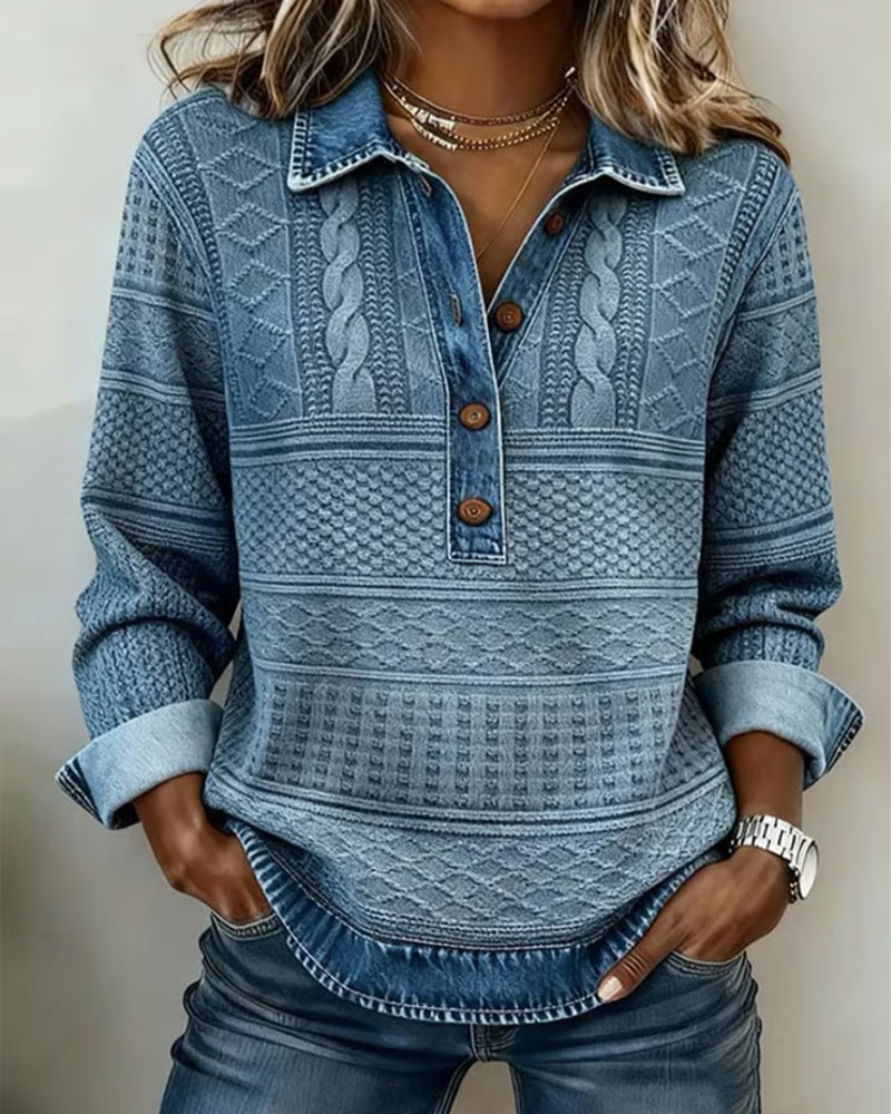 Damen-Sweatshirt im Denim-Stil mit halbem Knopfverschluss und strukturiertem Design - 1 - Jasminaboutique.com