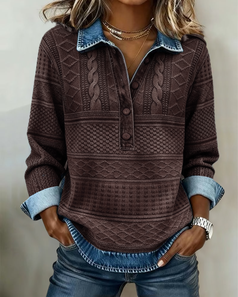 Damen-Sweatshirt im Denim-Stil mit halbem Knopfverschluss und strukturiertem Design - 3 - Jasminaboutique.com