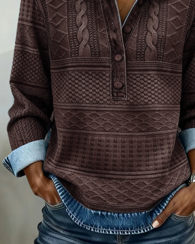 Damen-Sweatshirt im Denim-Stil mit halbem Knopfverschluss und strukturiertem Design - 5 - Jasminaboutique.com