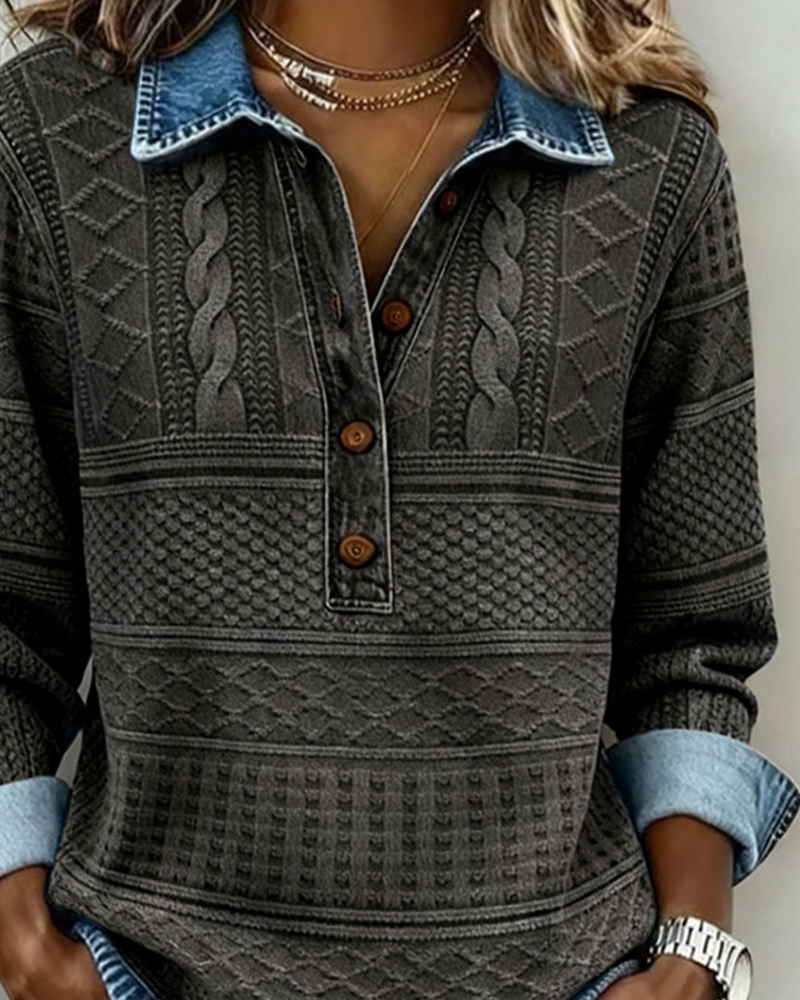 Damen-Sweatshirt im Denim-Stil mit halbem Knopfverschluss und strukturiertem Design - 6 - Jasminaboutique.com