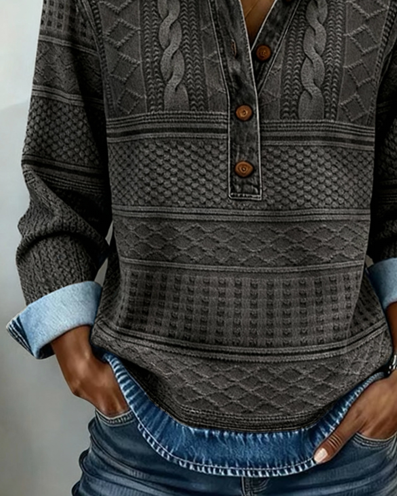Damen-Sweatshirt im Denim-Stil mit halbem Knopfverschluss und strukturiertem Design - 7 - Jasminaboutique.com