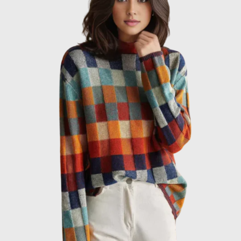 Damenpullover mit hohem Kragen, buntem Karomuster und bequemer Passform - 1 - Jasminaboutique.com
