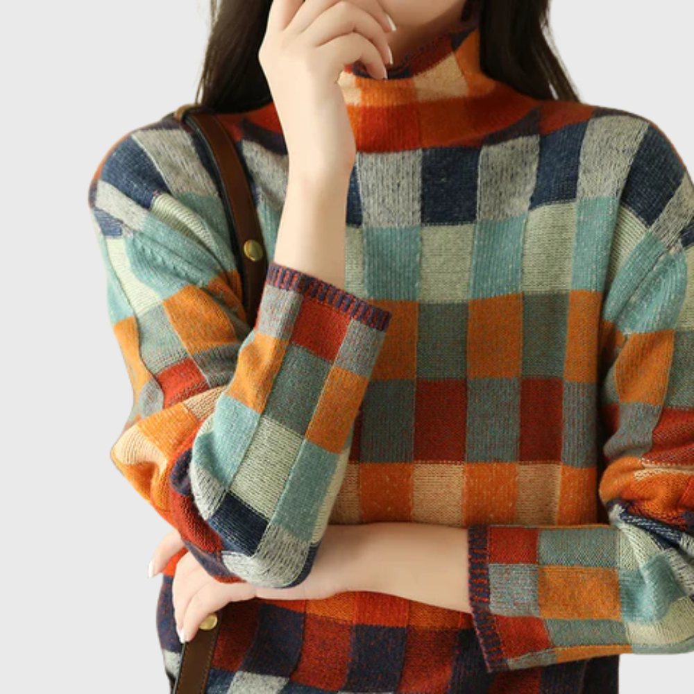 Damenpullover mit hohem Kragen, buntem Karomuster und bequemer Passform - 2 - Jasminaboutique.com