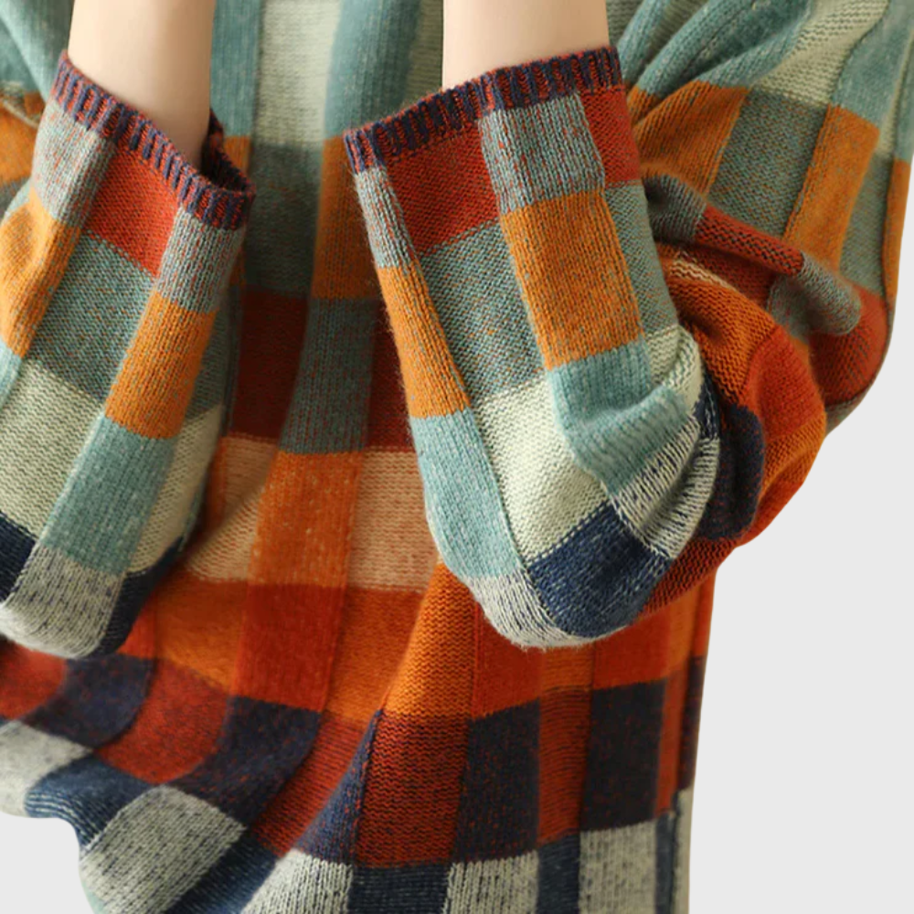 Damenpullover mit hohem Kragen, buntem Karomuster und bequemer Passform - 4 - Jasminaboutique.com