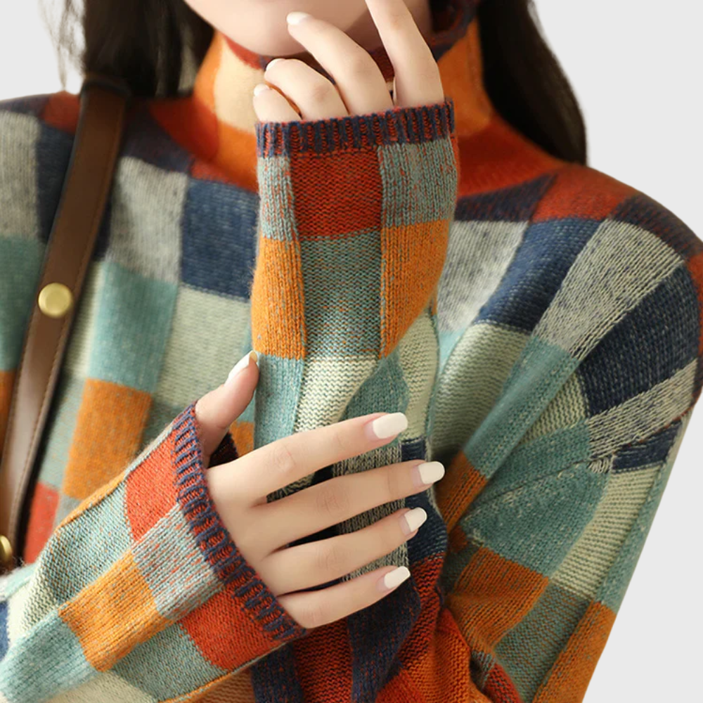 Damenpullover mit hohem Kragen, buntem Karomuster und bequemer Passform - 5 - Jasminaboutique.com