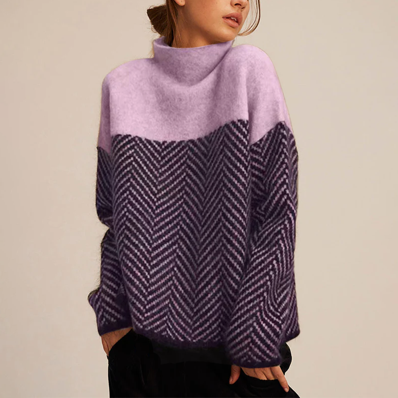Damenpullover – Weite Passform mit Chevron-Muster und hohem Kragen - 3 - Jasminaboutique.com