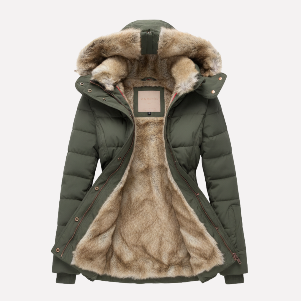 Damen-Steppjacke mit Kapuze und Kunstfellbesatz - 3 - Jasminaboutique.com