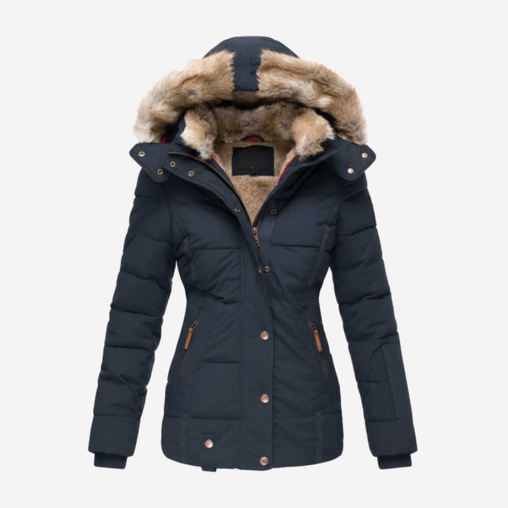 Damen-Steppjacke mit Kapuze und Kunstfellbesatz - 5 - Jasminaboutique.com