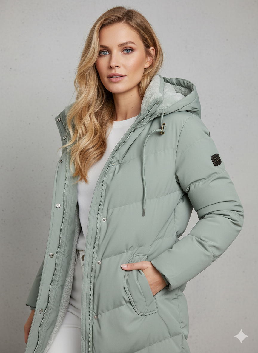 Lange Daunenjacke für Damen mit Kapuze und weichem Futter - 2 - Jasminaboutique.com