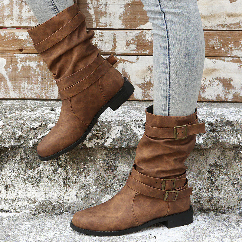 Damenstiefel mit niedrigem Absatz und stilvollen Schnallen - 2 - Jasminaboutique.com
