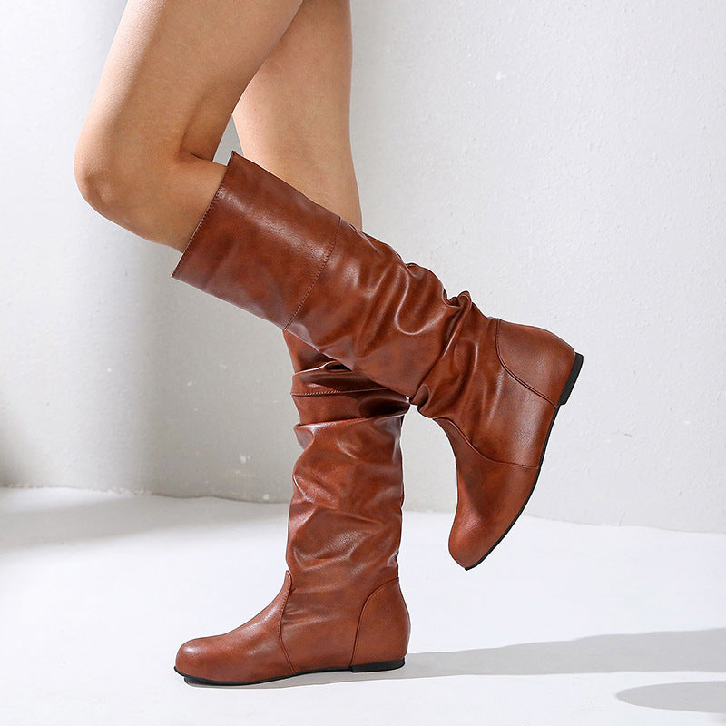 Lässige Damen-Reitstiefel mit hoher Taille und runder Zehenpartie - 8 - Jasminaboutique.com