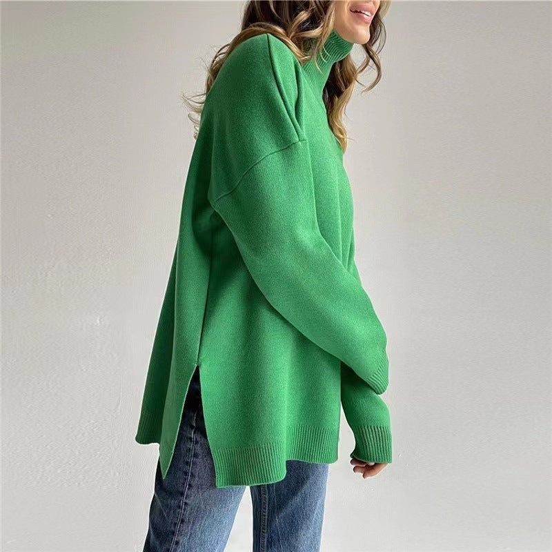 Damen-Strickpullover mit hohem Kragen und lockerer Passform - 4 - Jasminaboutique.com