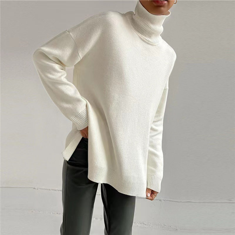 Damen-Strickpullover mit hohem Kragen und lockerer Passform - 5 - Jasminaboutique.com