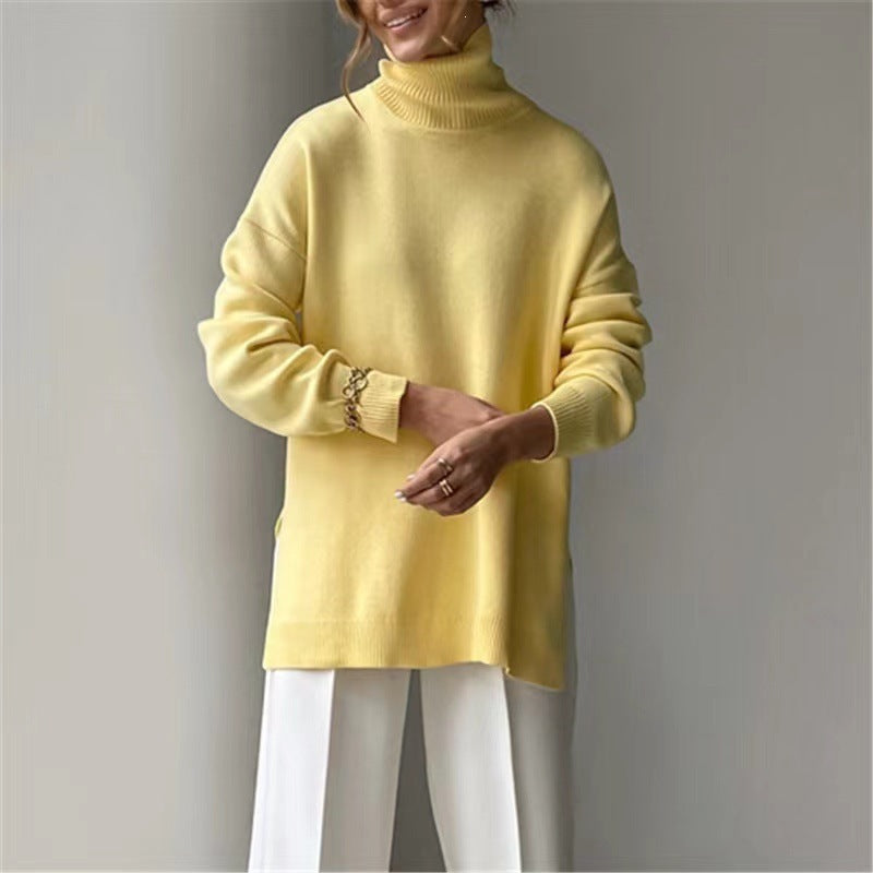Damen-Strickpullover mit hohem Kragen und lockerer Passform - 6 - Jasminaboutique.com
