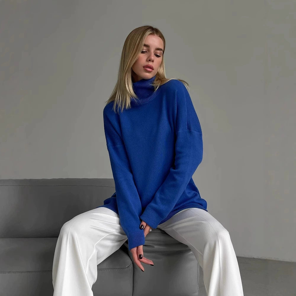 Damen-Strickpullover mit hohem Kragen und lockerer Passform - 8 - Jasminaboutique.com